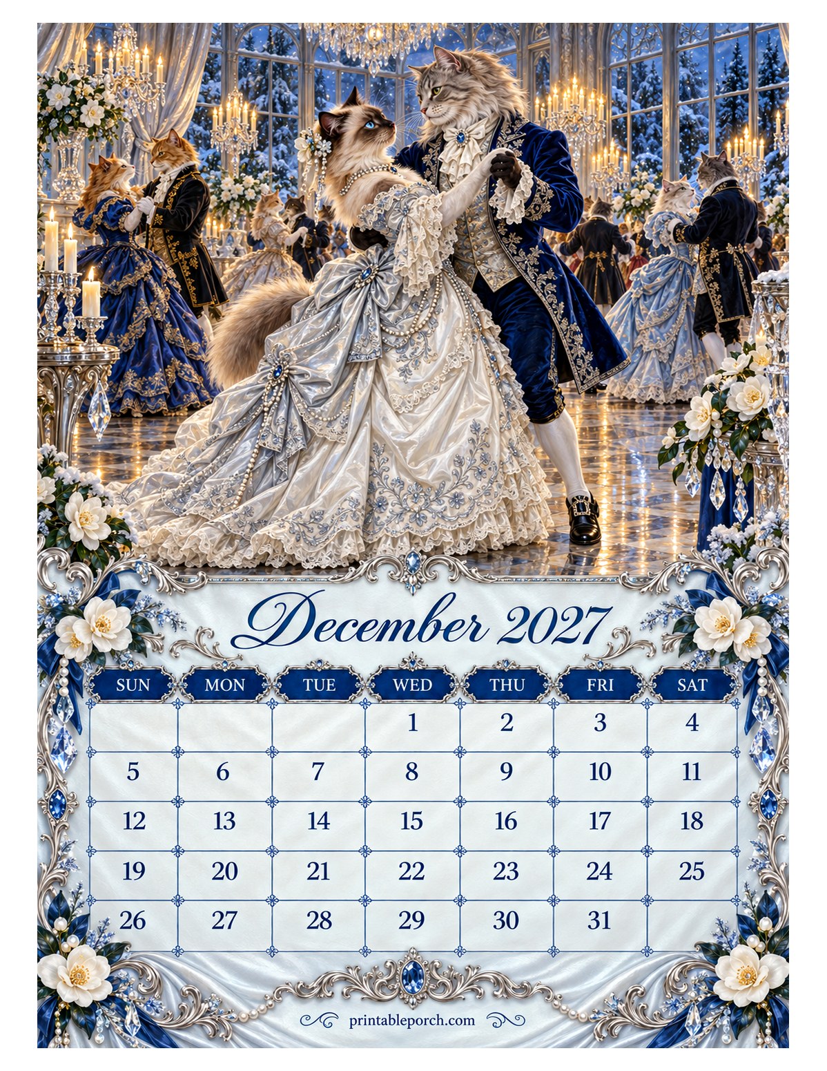 Royal Ball Cats December 2027 Calendar