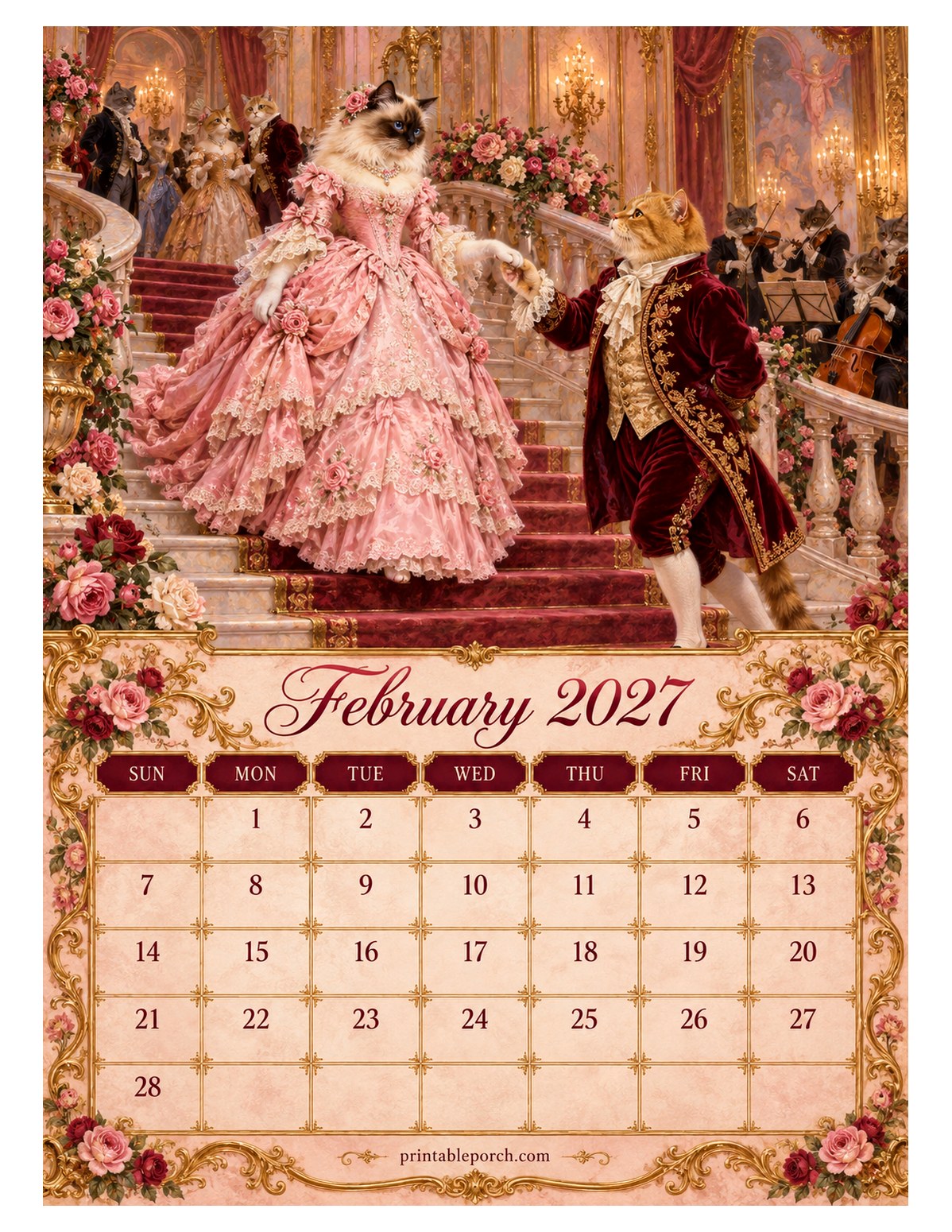 Royal Ball Cats February 2027 Calendar