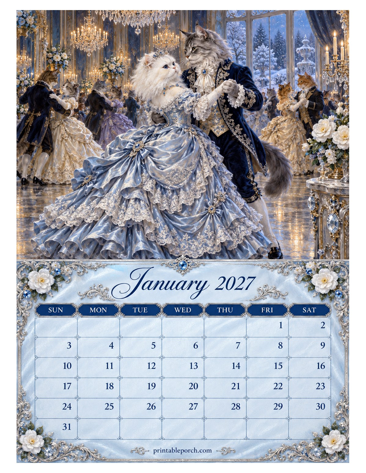 Royal Ball Cats January 2027 Calendar