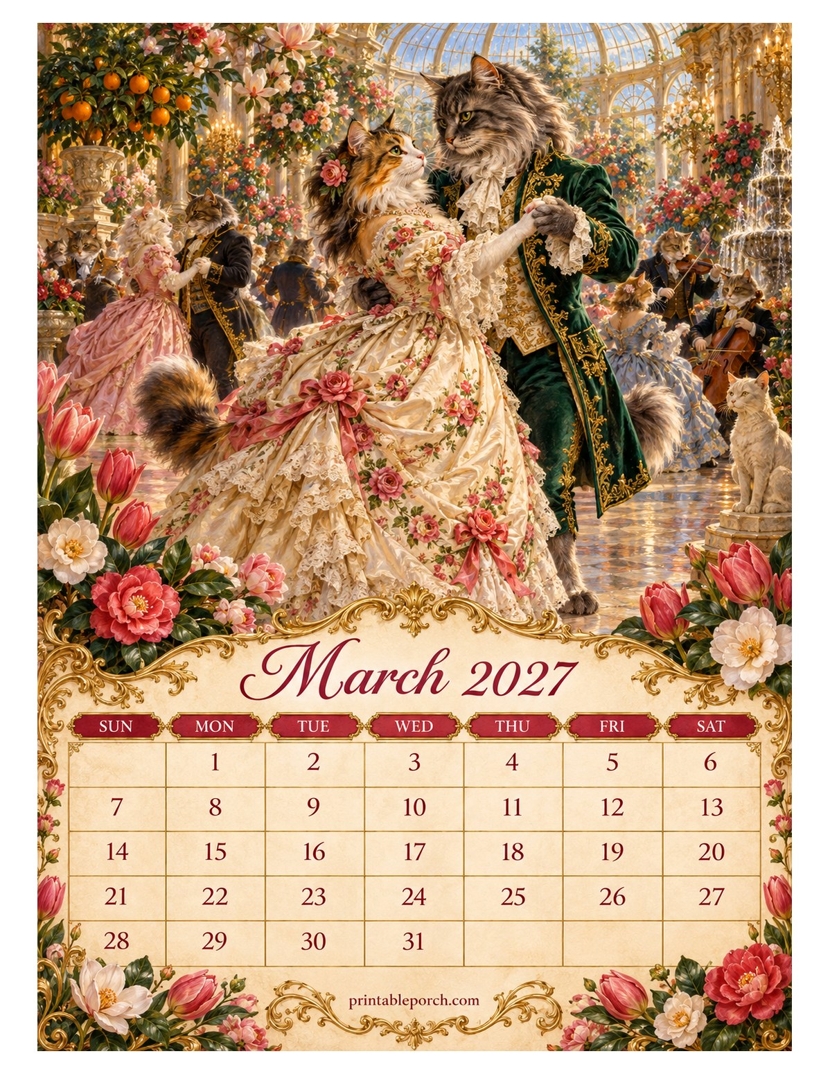 Royal Ball Cats March 2027 Calendar
