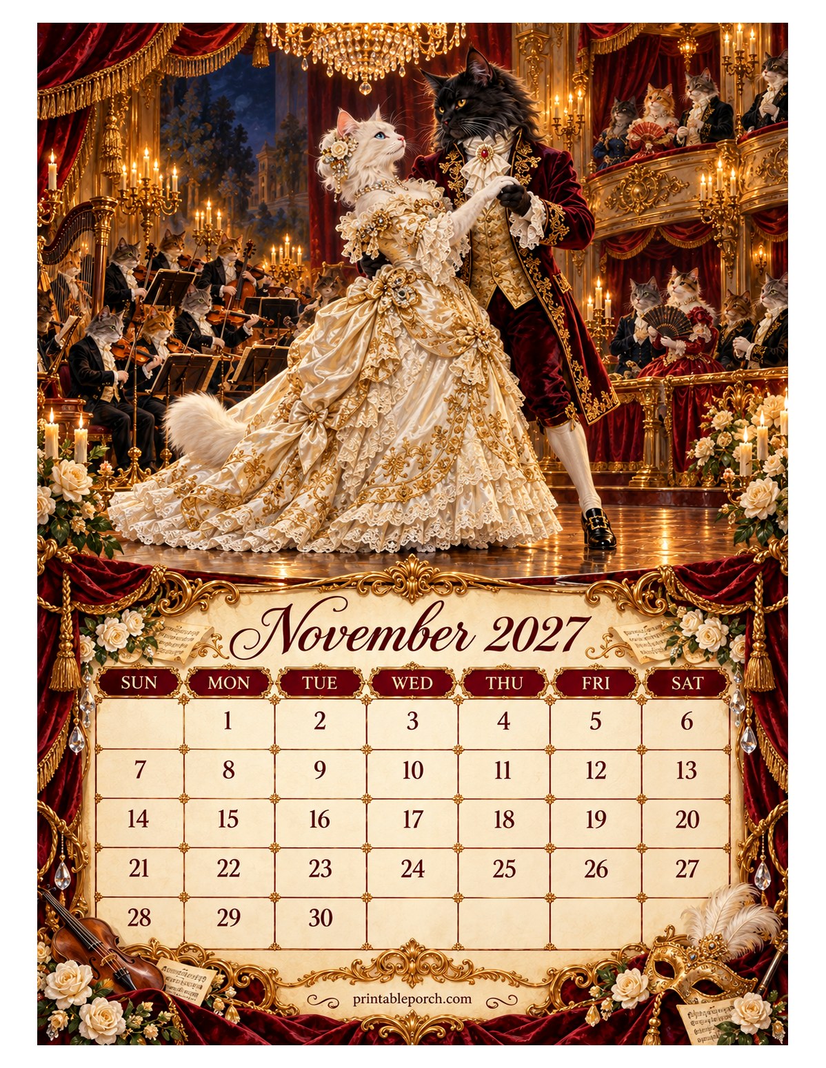 Royal Ball Cats November 2027 Calendar