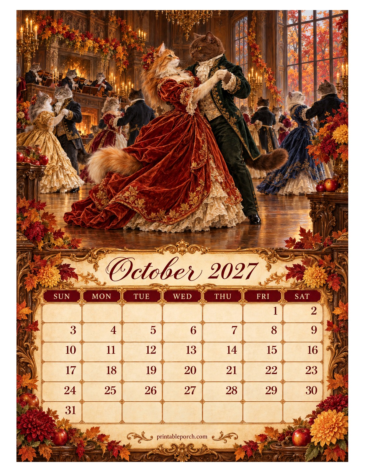 Royal Ball Cats October 2027 Calendar