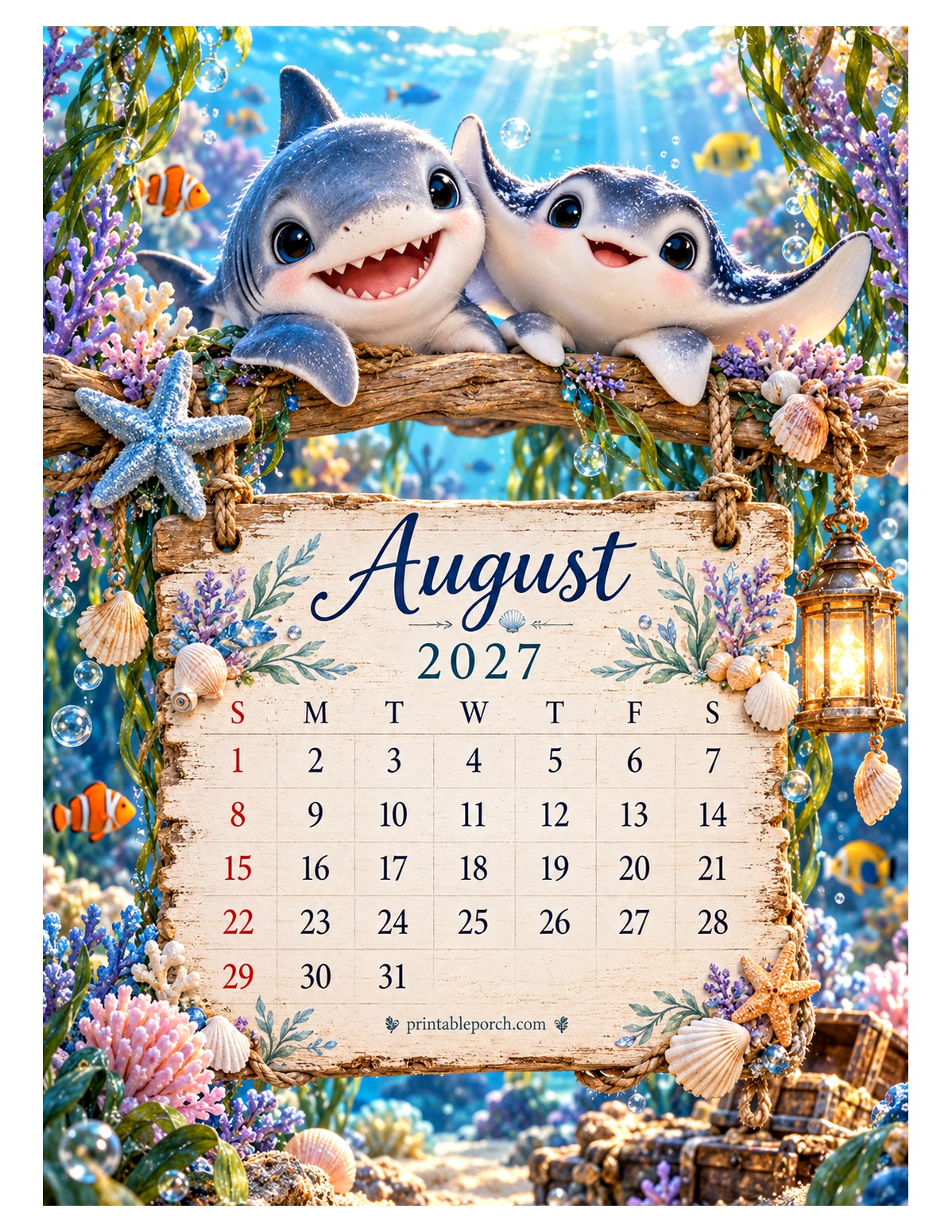 Sea Friends on the Swing August 2027 Calendar