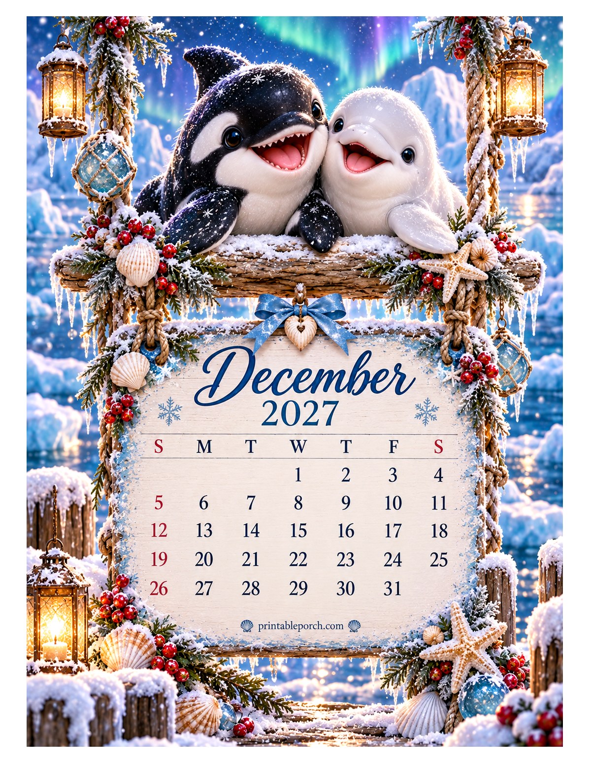 Sea Friends on the Swing December 2027 Calendar