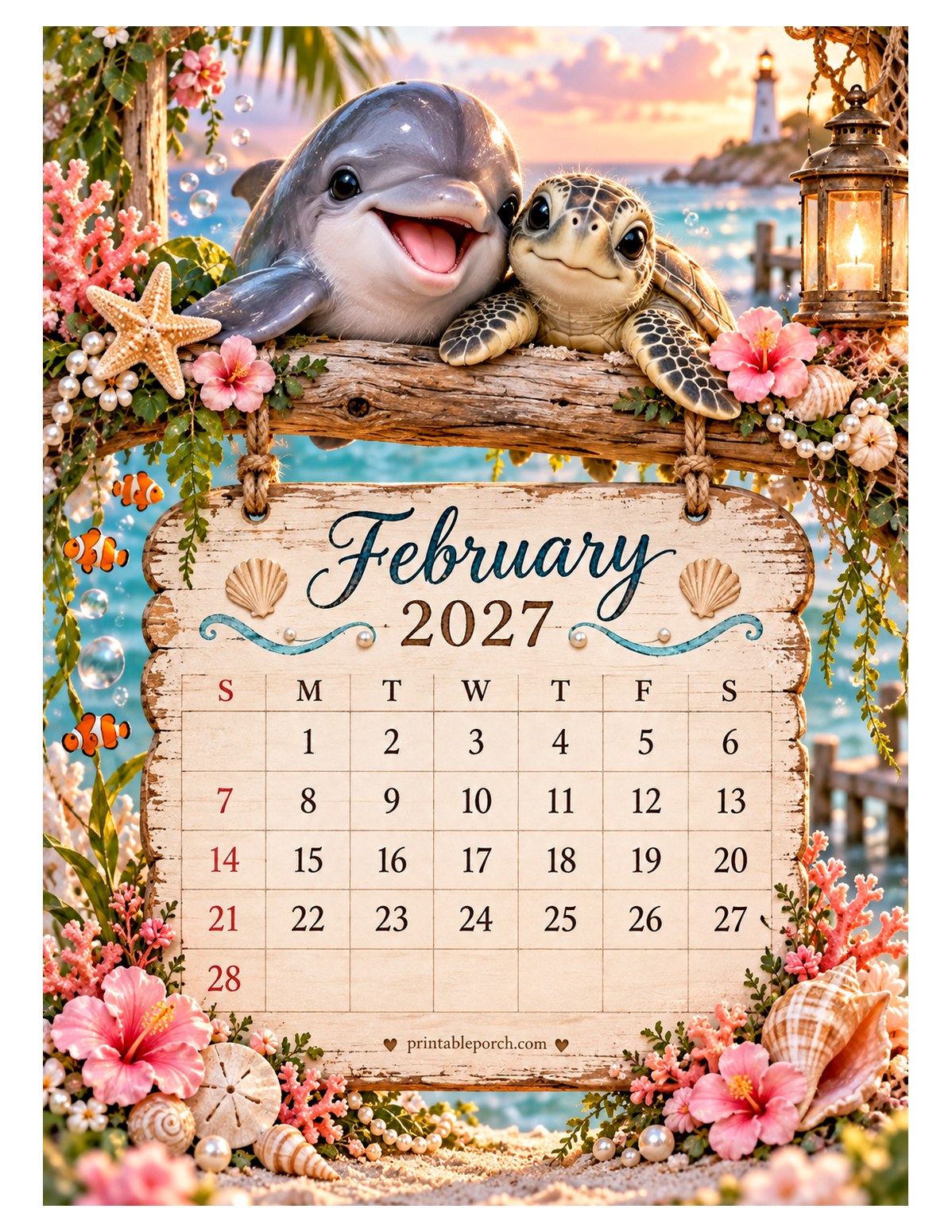 Sea Friends on the Swing February 2027 Calendar