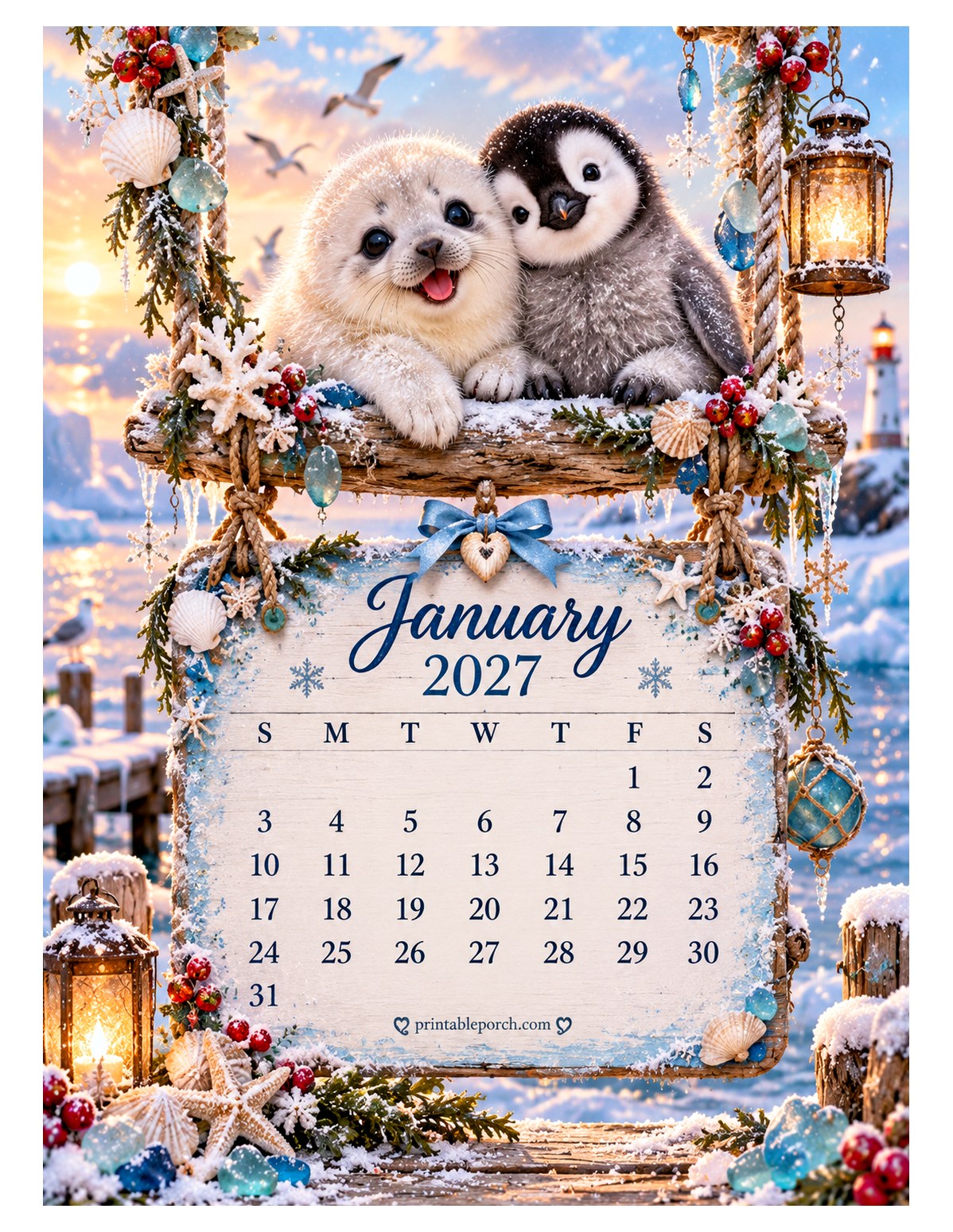 Sea Friends on the Swing January 2027 Calendar