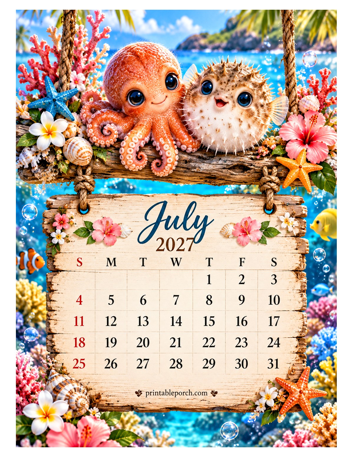 Sea Friends on the Swing July 2027 Calendar