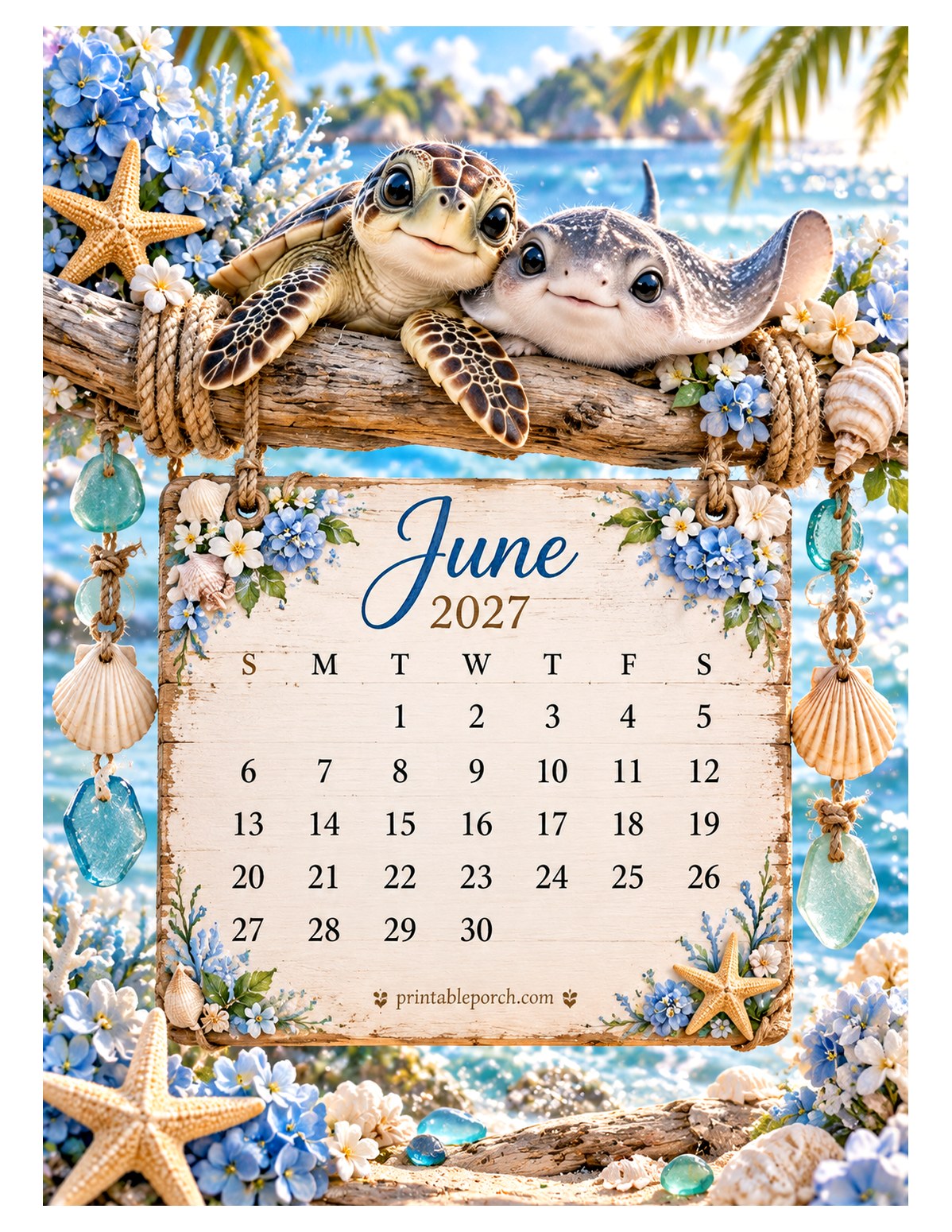 Sea Friends on the Swing June 2027 Calendar