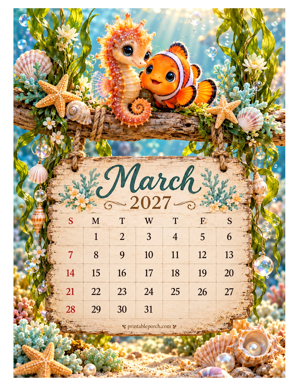 Sea Friends on the Swing March 2027 Calendar