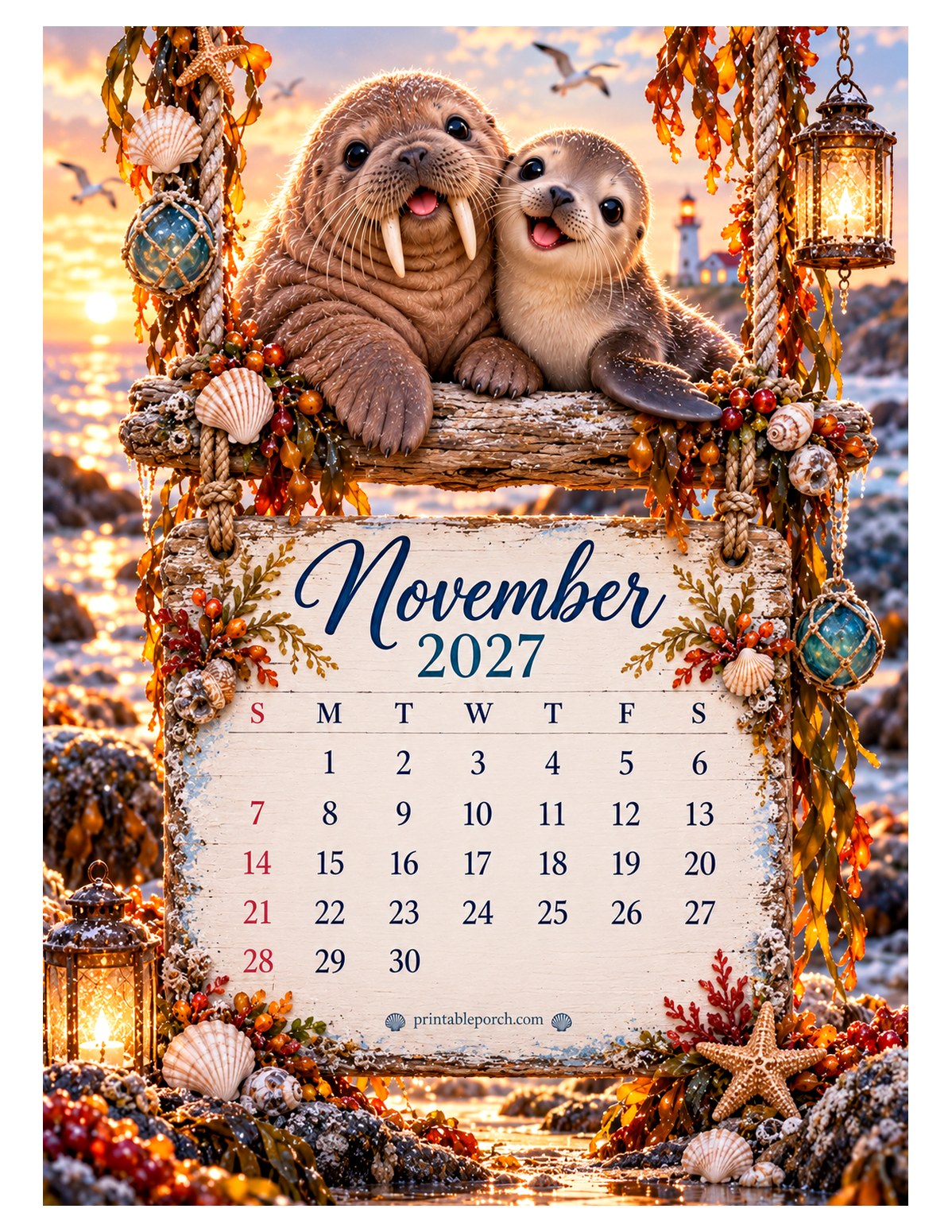 Sea Friends on the Swing November 2027 Calendar