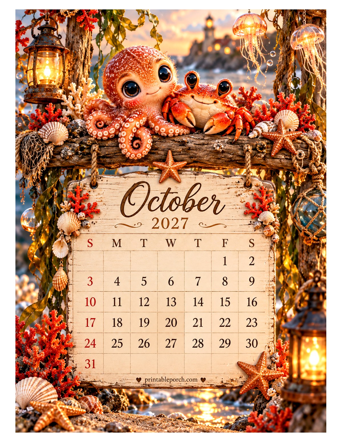 Sea Friends on the Swing October 2027 Calendar