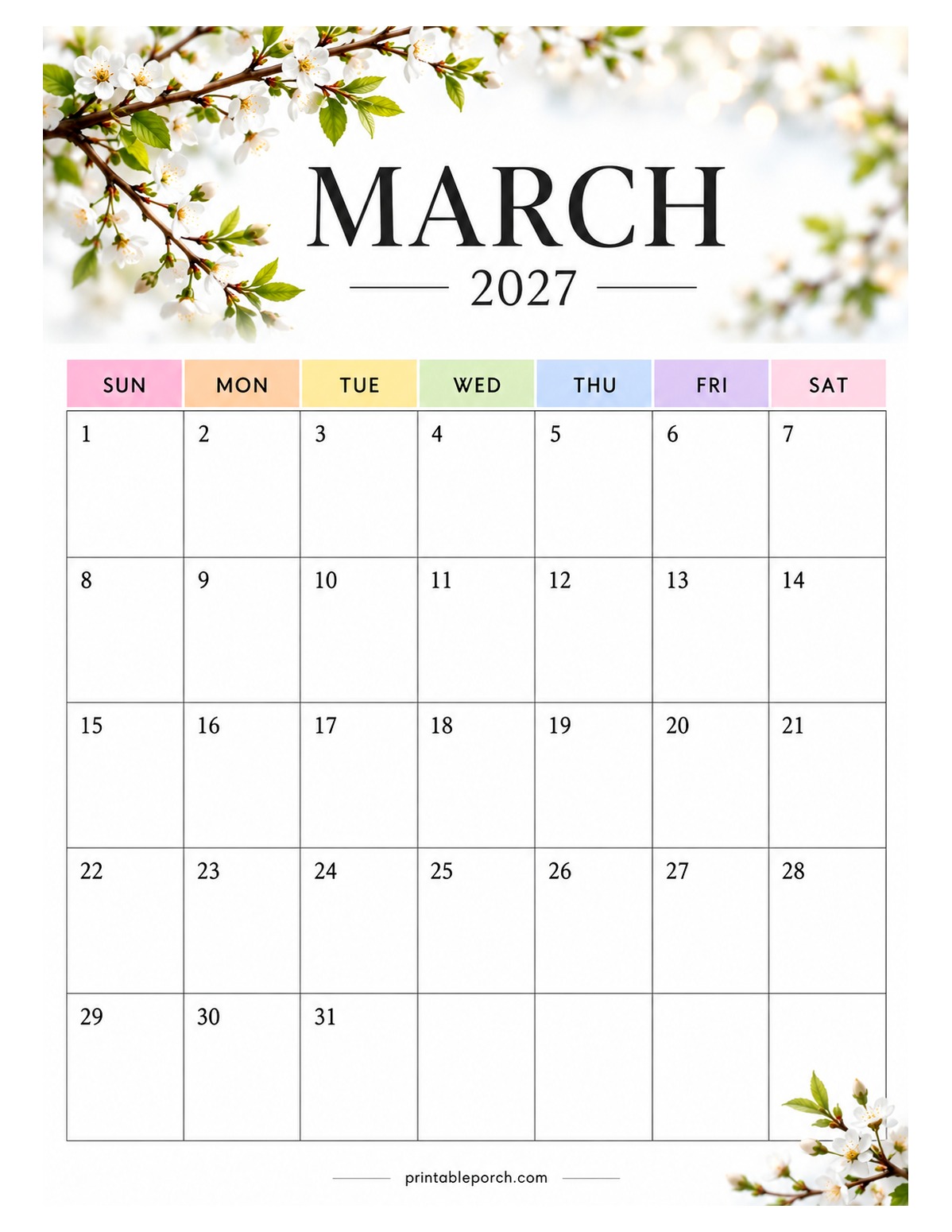 Seasonal Botanicals March 2027 Calendar