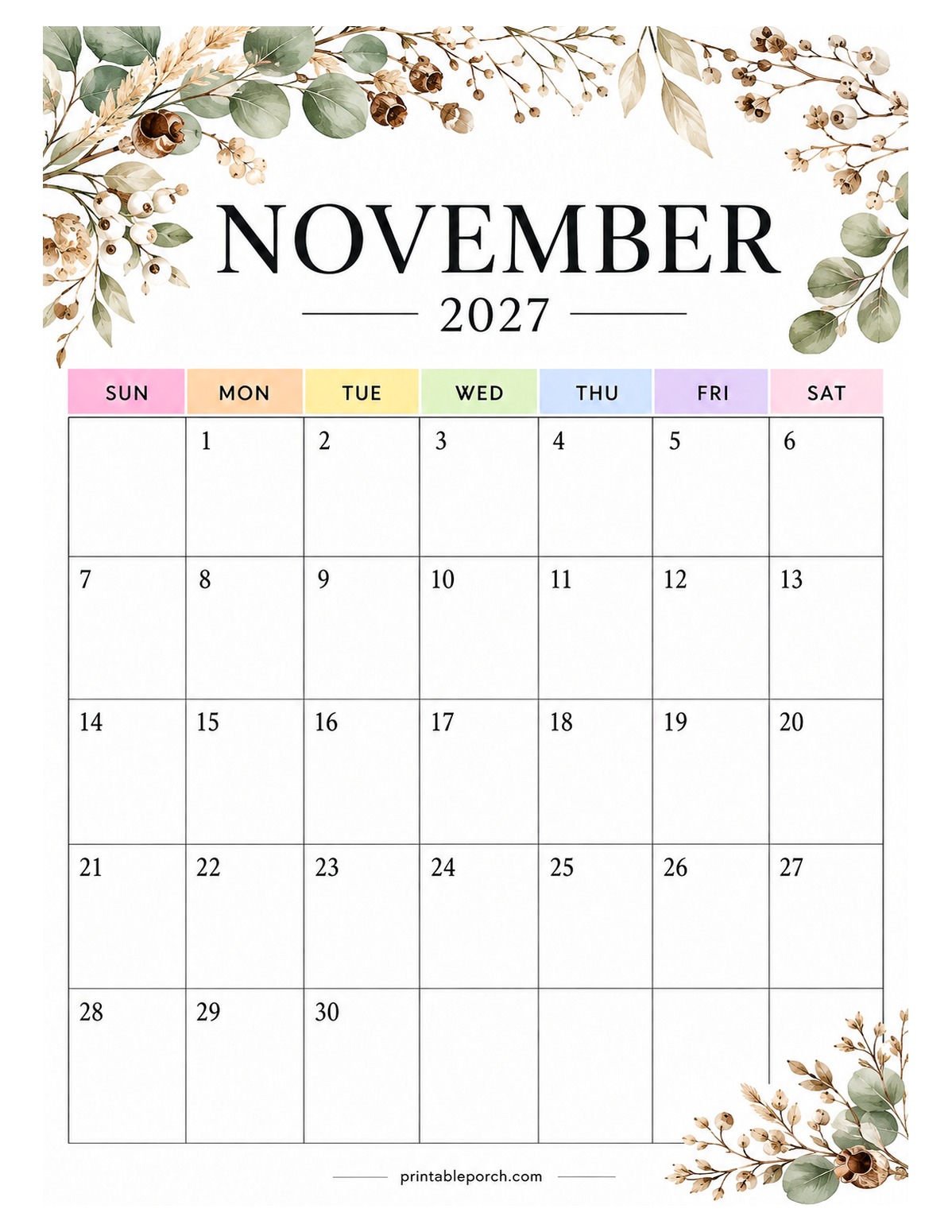 Seasonal Botanicals November 2027 Calendar