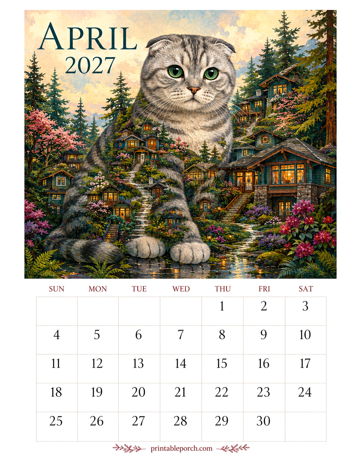 Storybook Cat Cities April 2027 Calendar