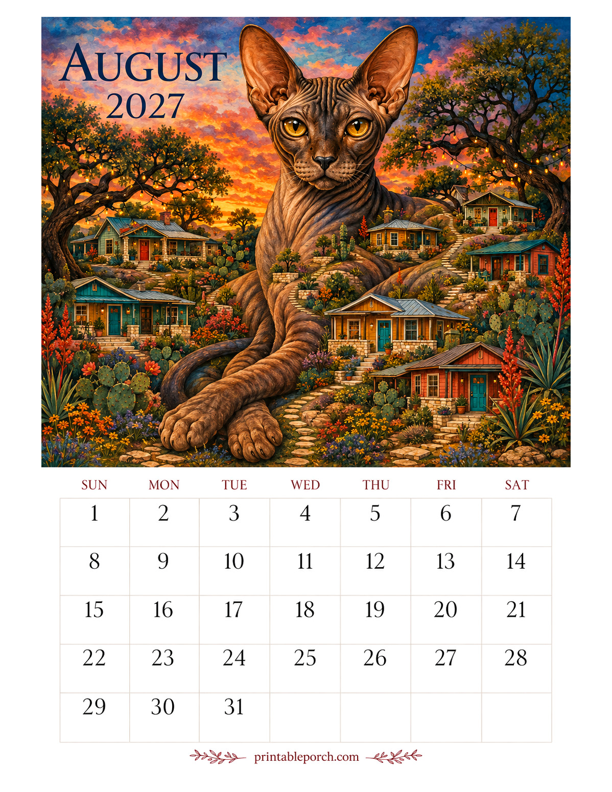 Storybook Cat Cities August 2027 Calendar