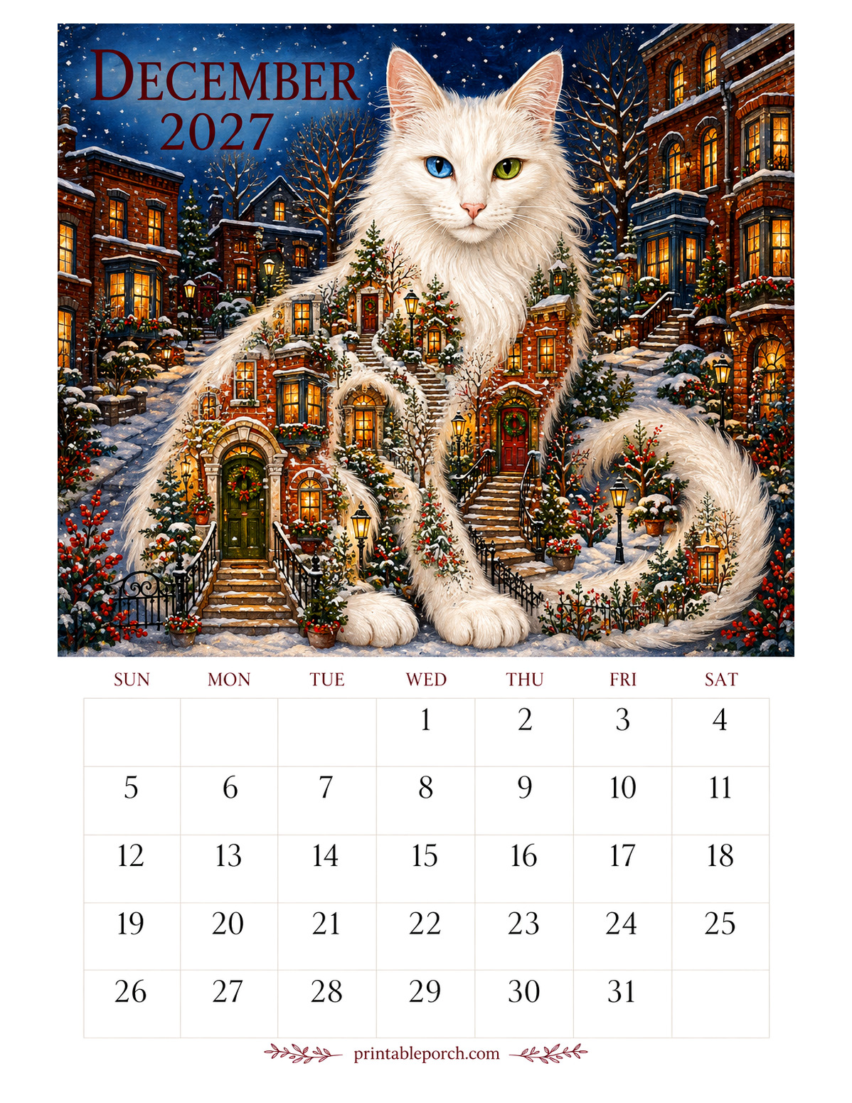 Storybook Cat Cities December 2027 Calendar