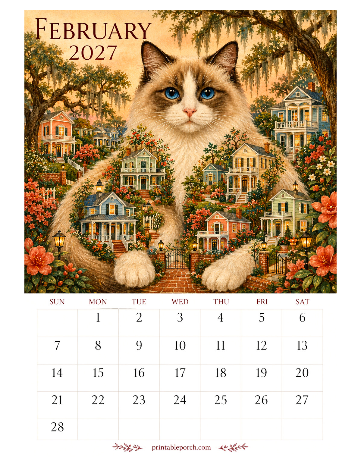 Storybook Cat Cities February 2027 Calendar