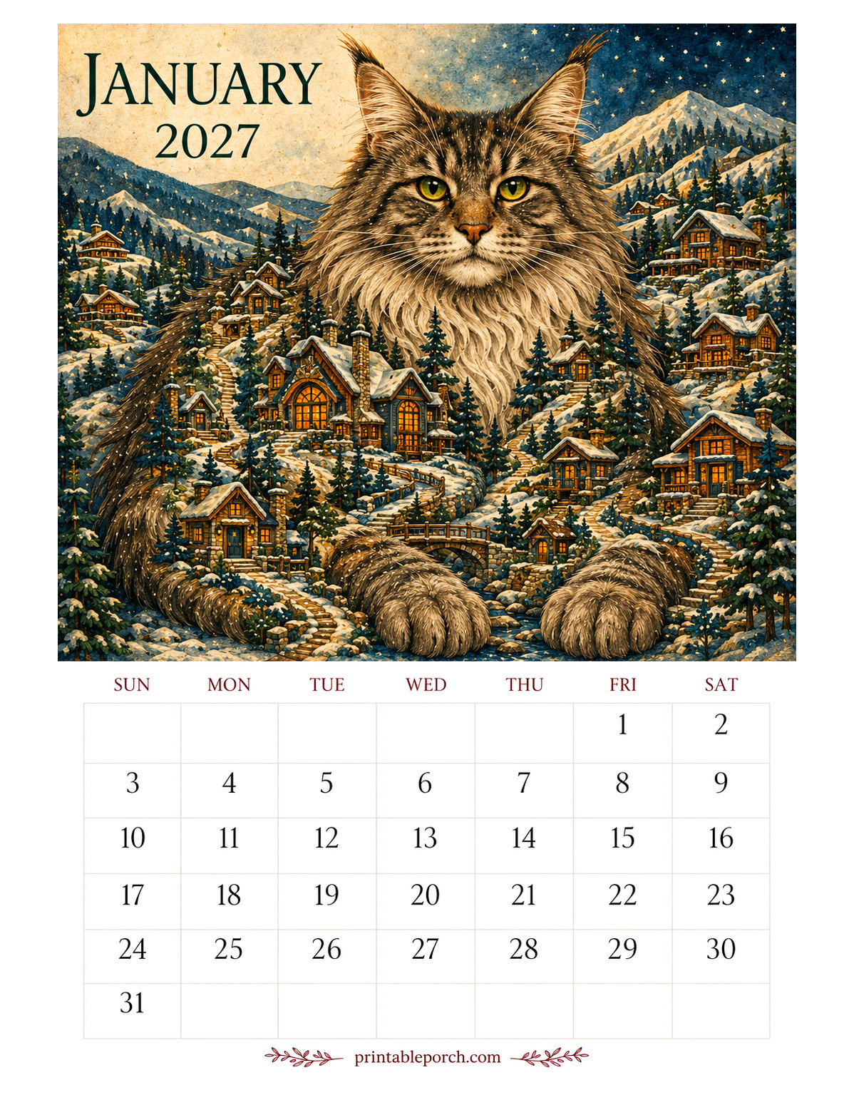 Storybook Cat Cities January 2027 Calendar