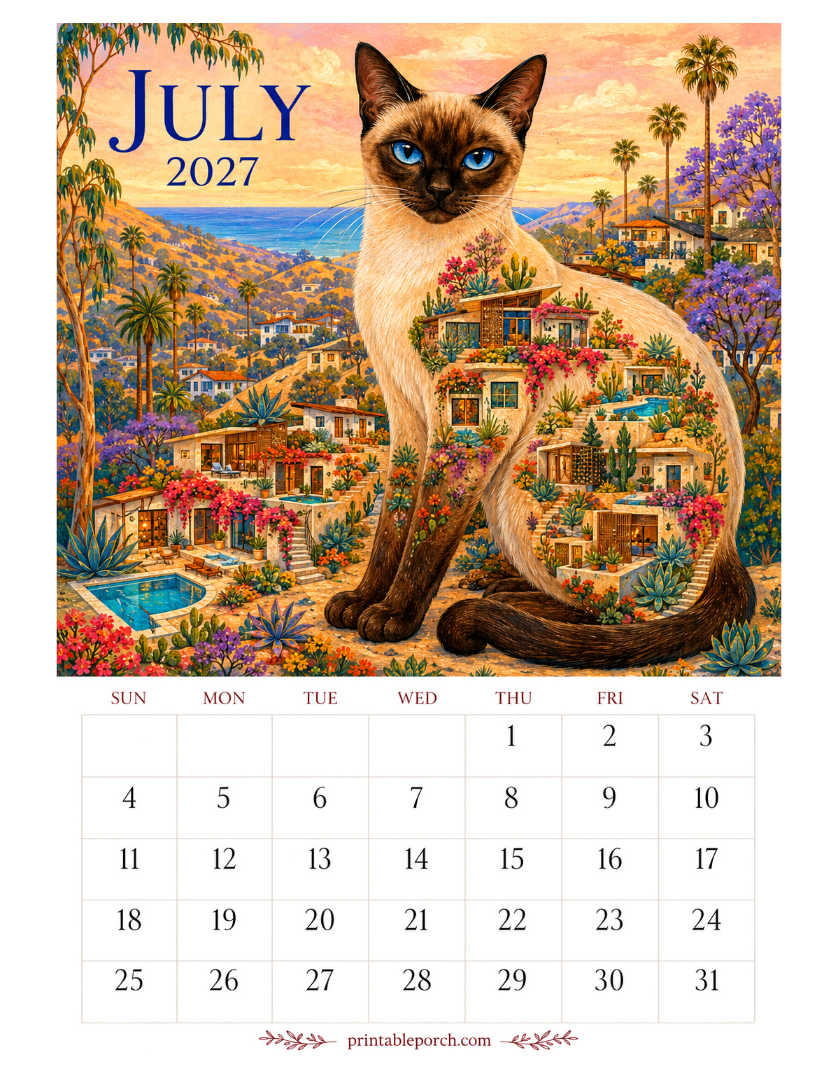 Storybook Cat Cities July 2027 Calendar