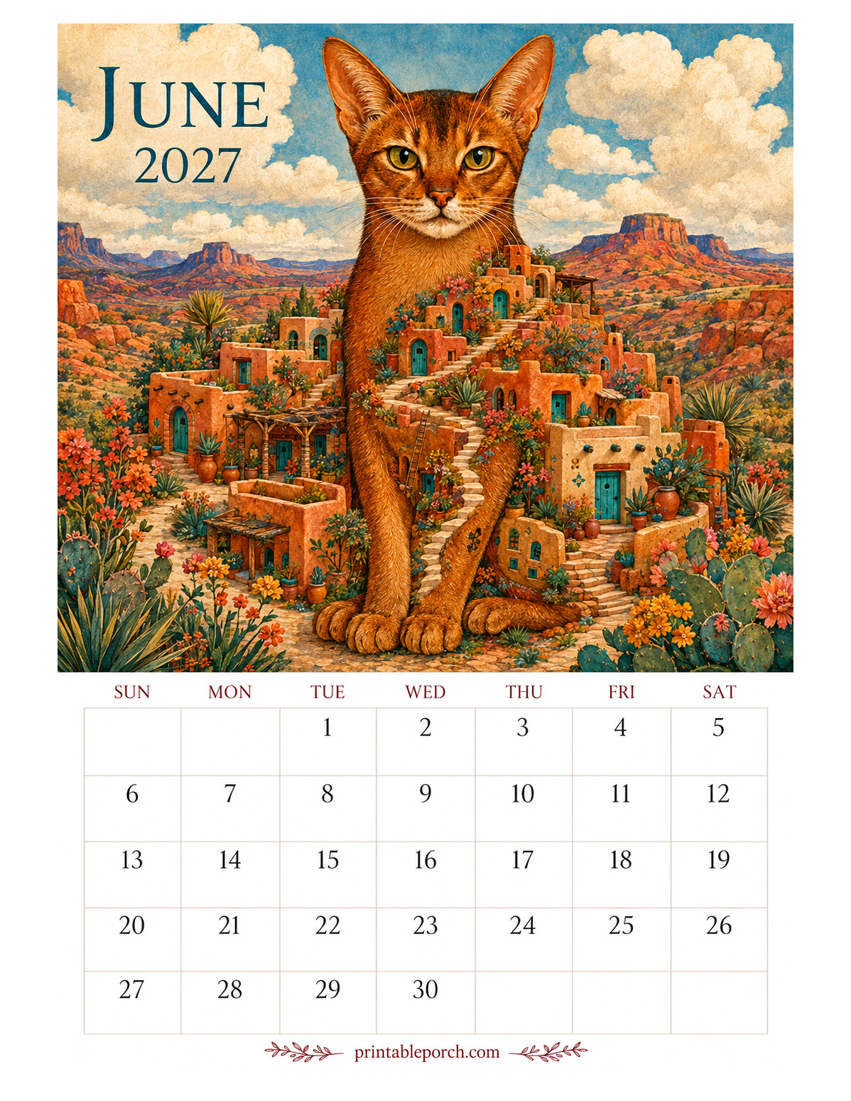 Storybook Cat Cities June 2027 Calendar