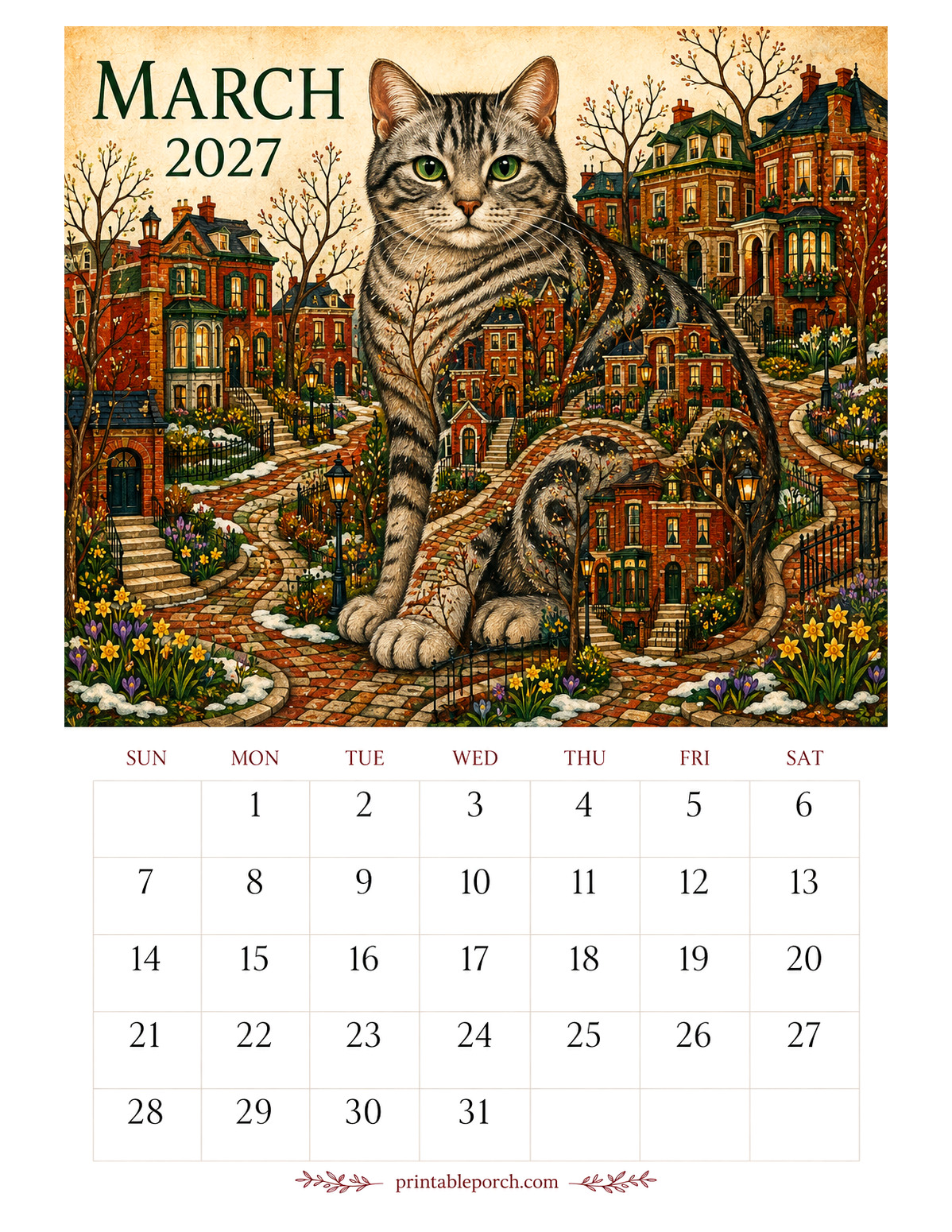 Storybook Cat Cities March 2027 Calendar