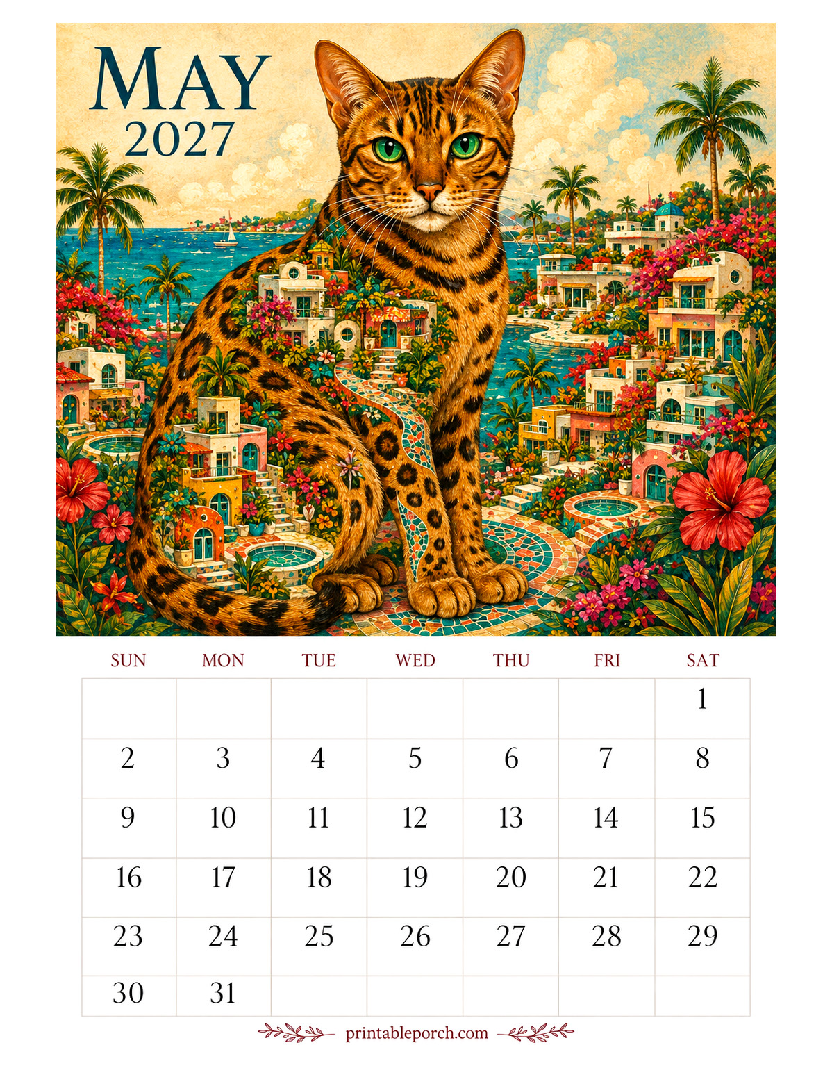 Storybook Cat Cities May 2027 Calendar