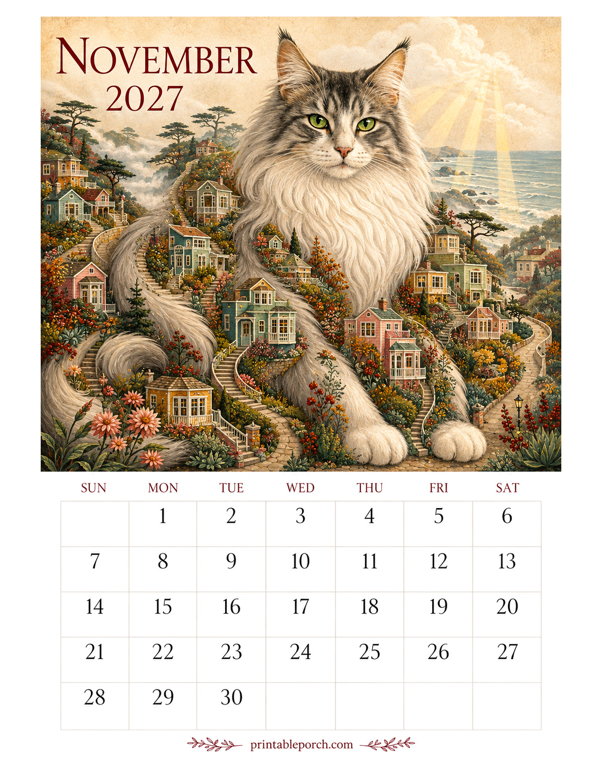 Storybook Cat Cities November 2027 Calendar