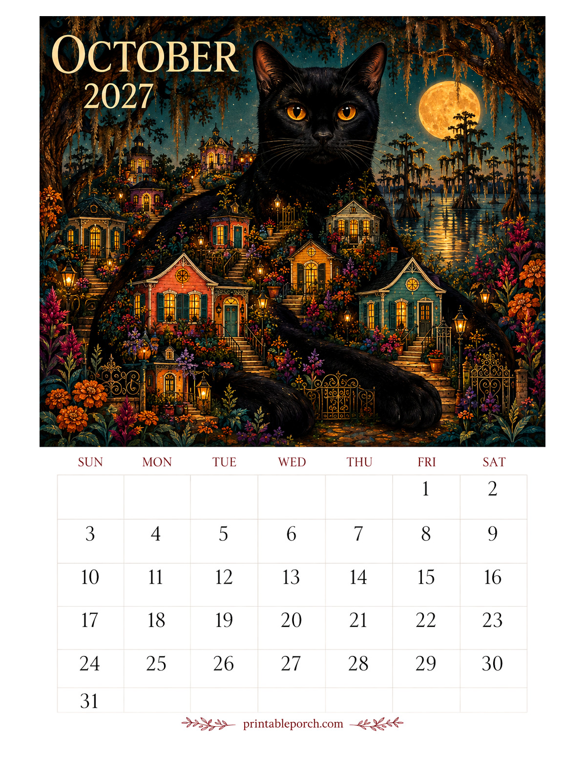 Storybook Cat Cities October 2027 Calendar