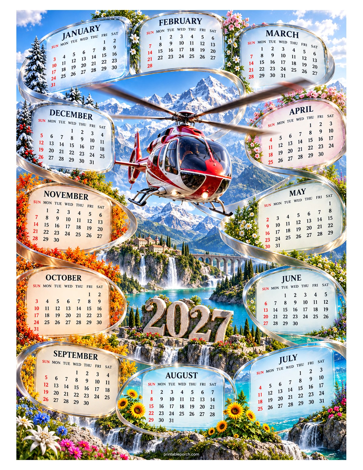 Travel 2027 Yearly Calendar - Alpine Spiral