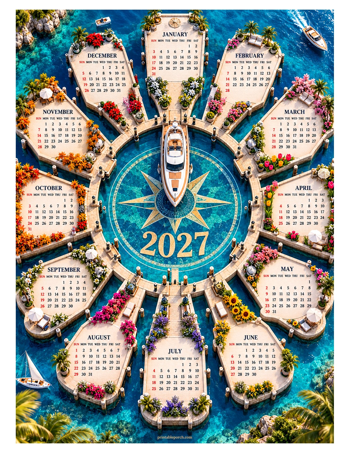 Travel 2027 Yearly Calendar - Compass Rose Marina