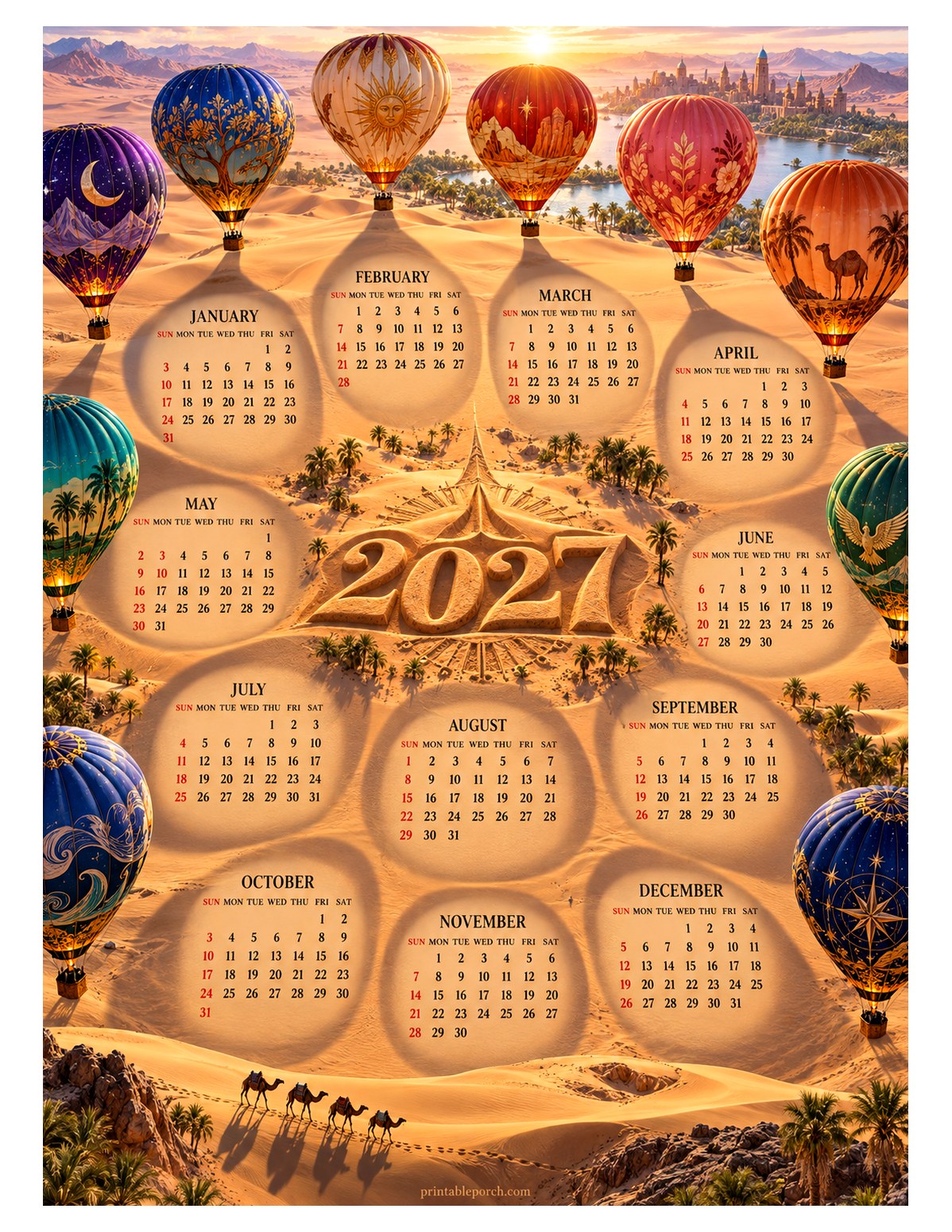 Travel 2027 Yearly Calendar - Desert Balloons