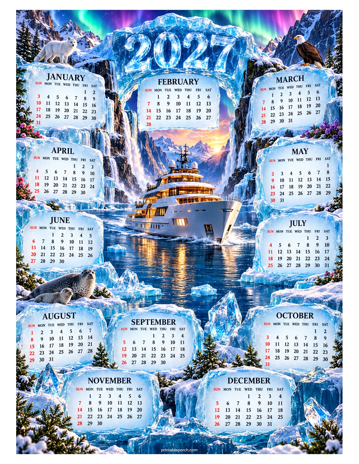 Travel 2027 Yearly Calendar - Glacier Fjord