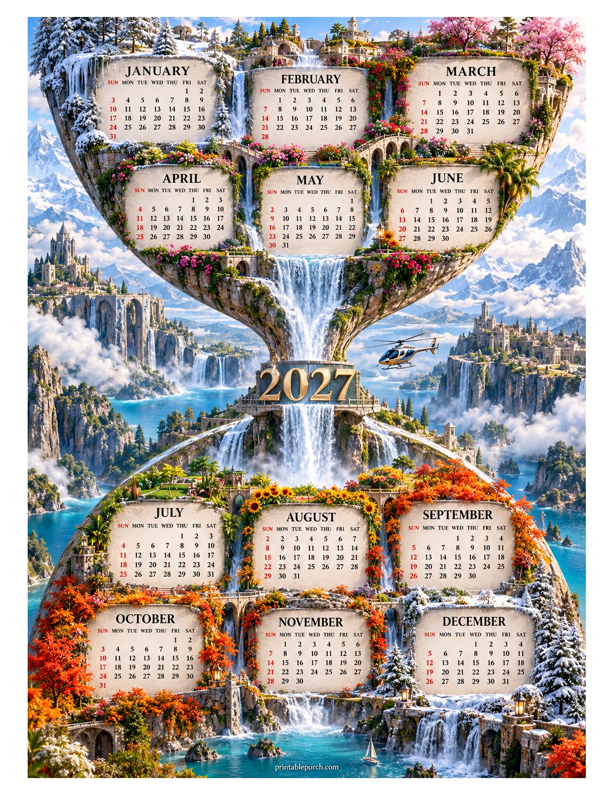 Travel 2027 Yearly Calendar - The Hourglass Falls