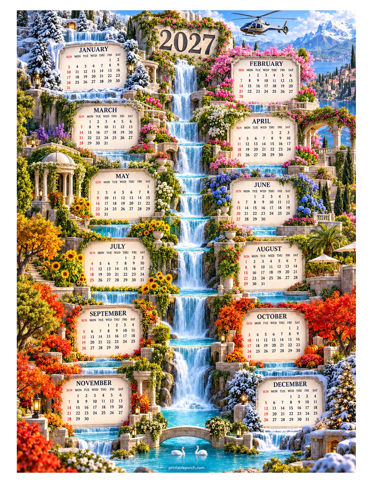 Travel 2027 Yearly Calendar - Twelve Cascades