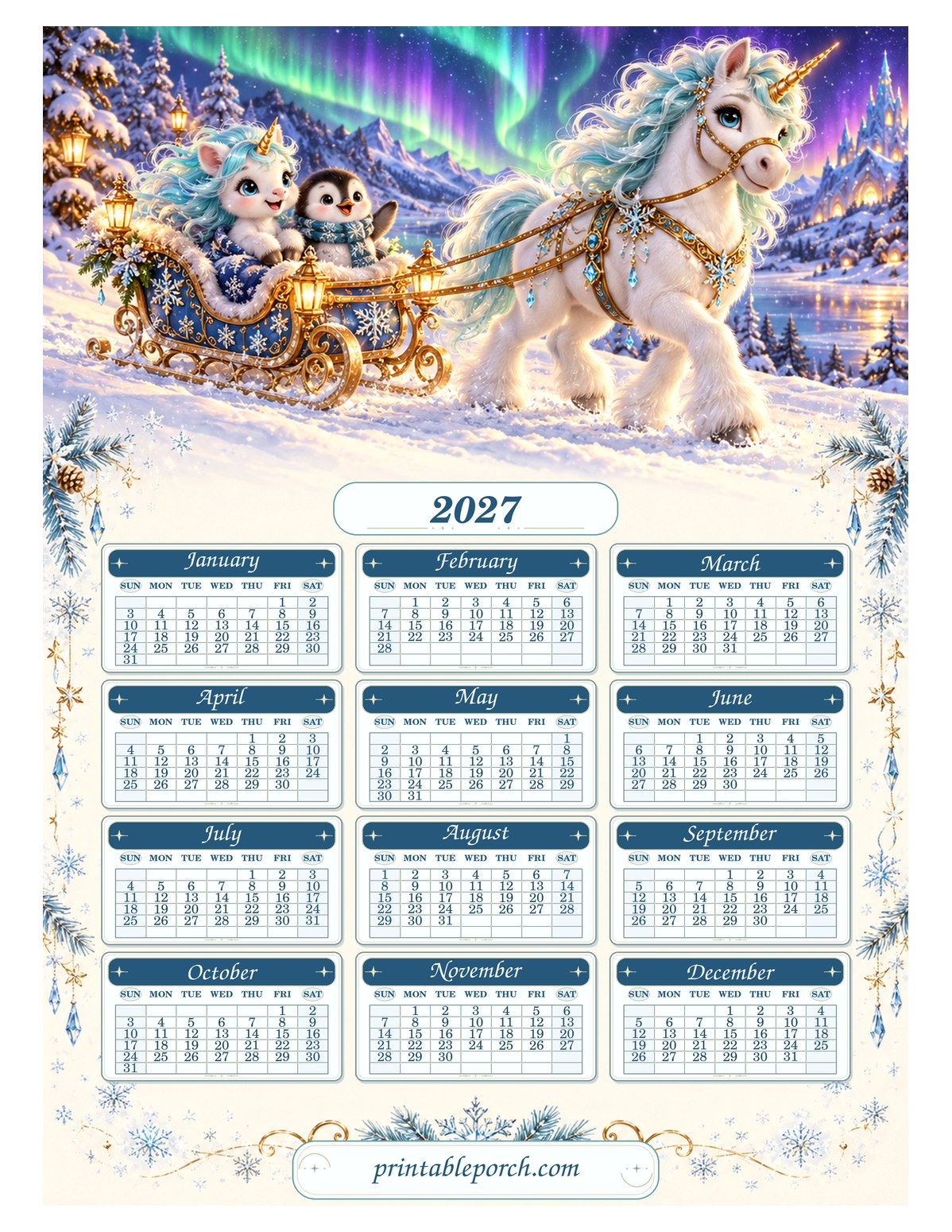 Unicorn 2027 Yearly Calendar - Aurora Sleigh