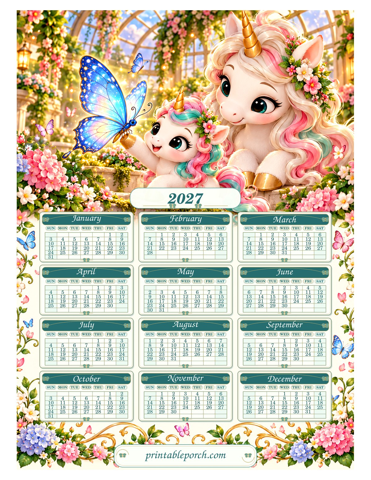 Unicorn 2027 Yearly Calendar - Butterfly Conservatory