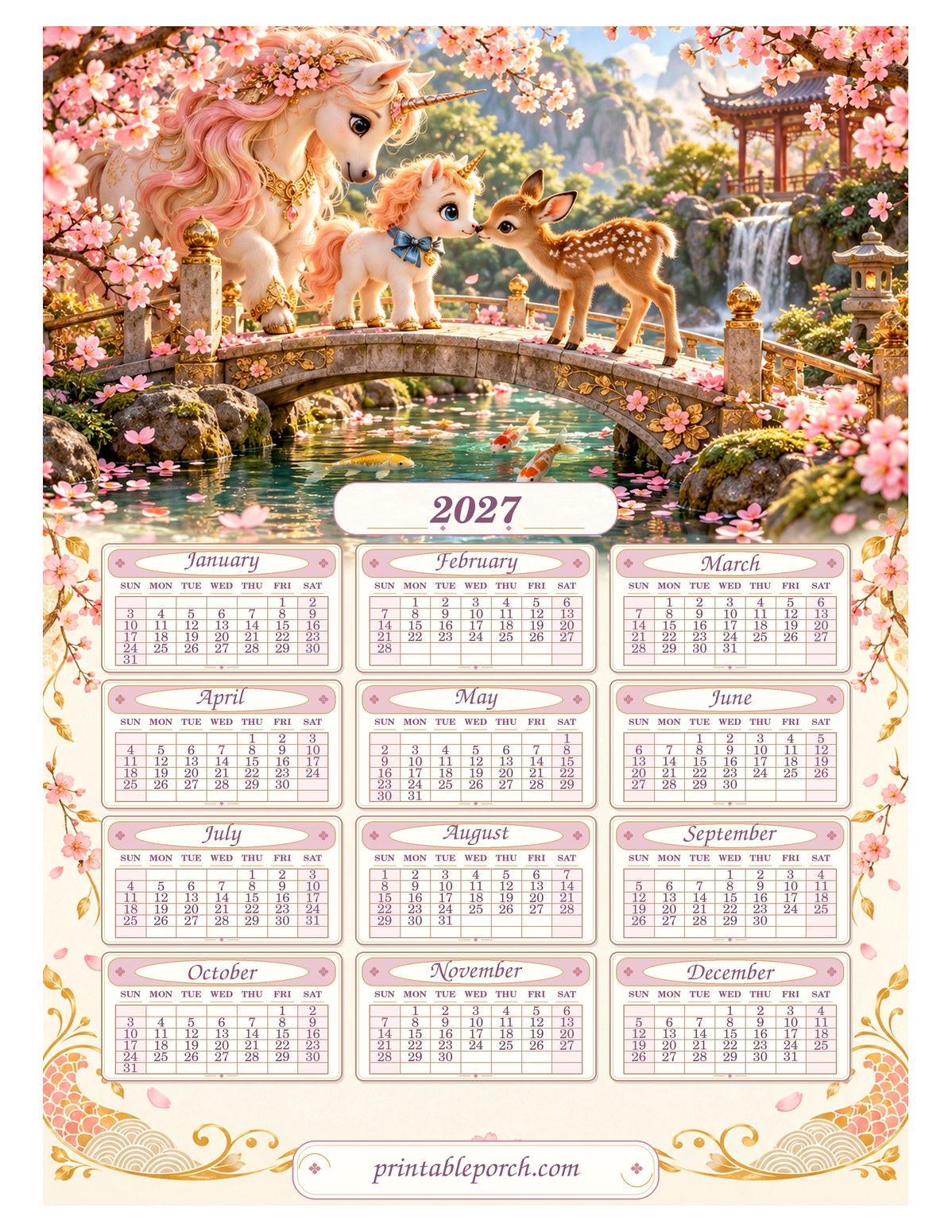 Unicorn 2027 Yearly Calendar - Cherry Blossom Bridge