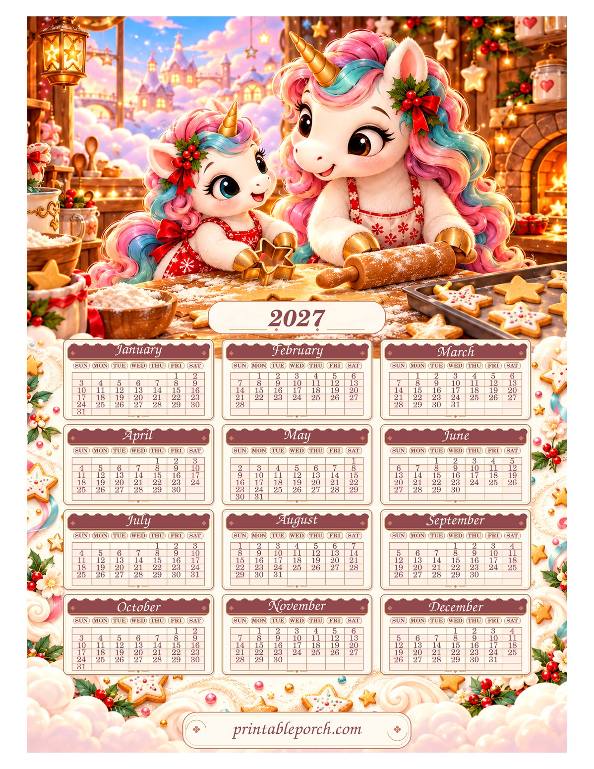 Unicorn 2027 Yearly Calendar - Cookie Bakery
