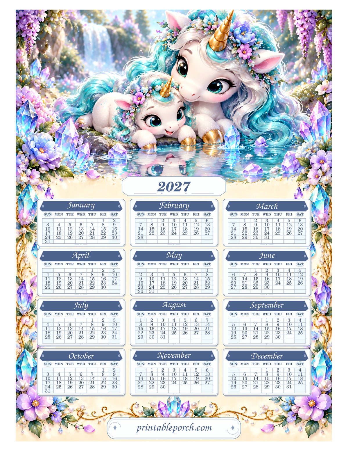 Unicorn 2027 Yearly Calendar - Crystal Lagoon