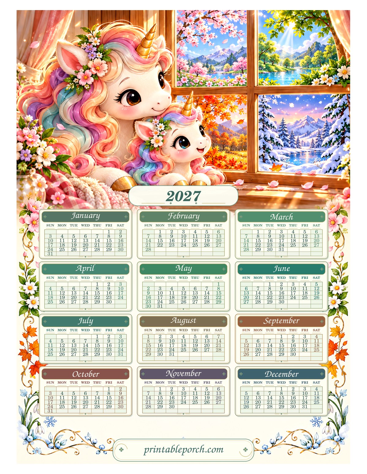 Unicorn 2027 Yearly Calendar - Four Seasons Window