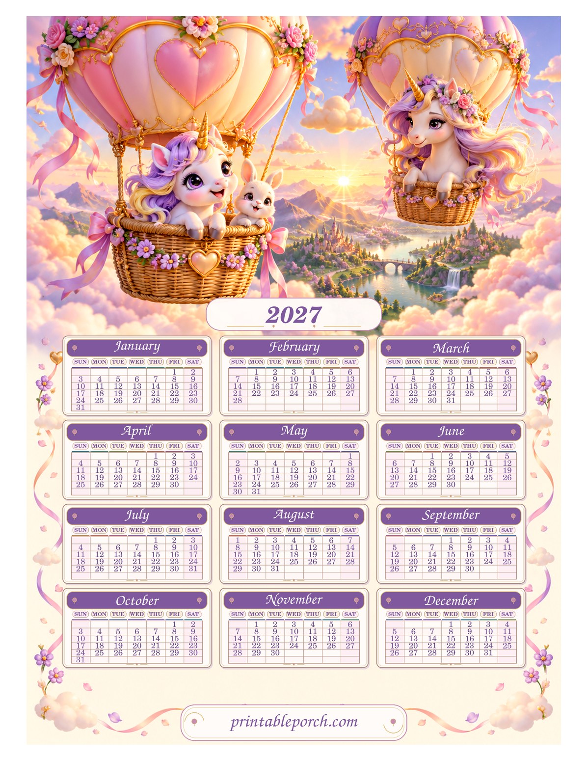 Unicorn 2027 Yearly Calendar - Heart Balloons