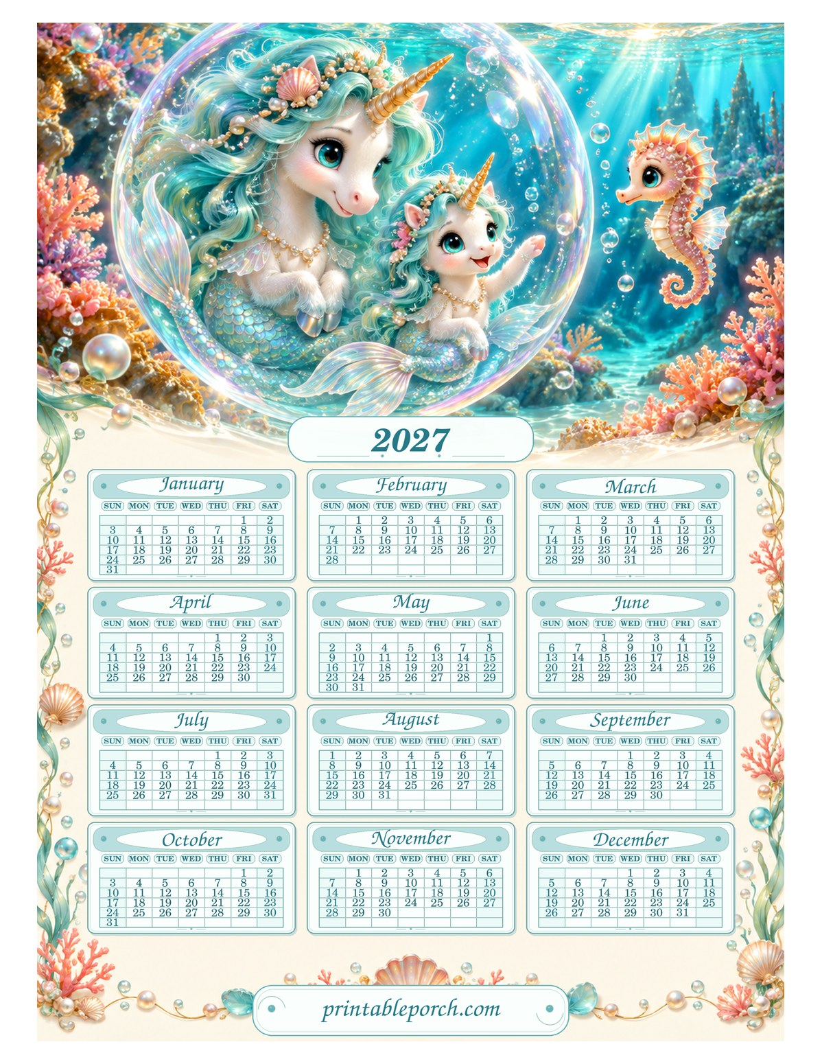 Unicorn 2027 Yearly Calendar - Mermaid Bubble