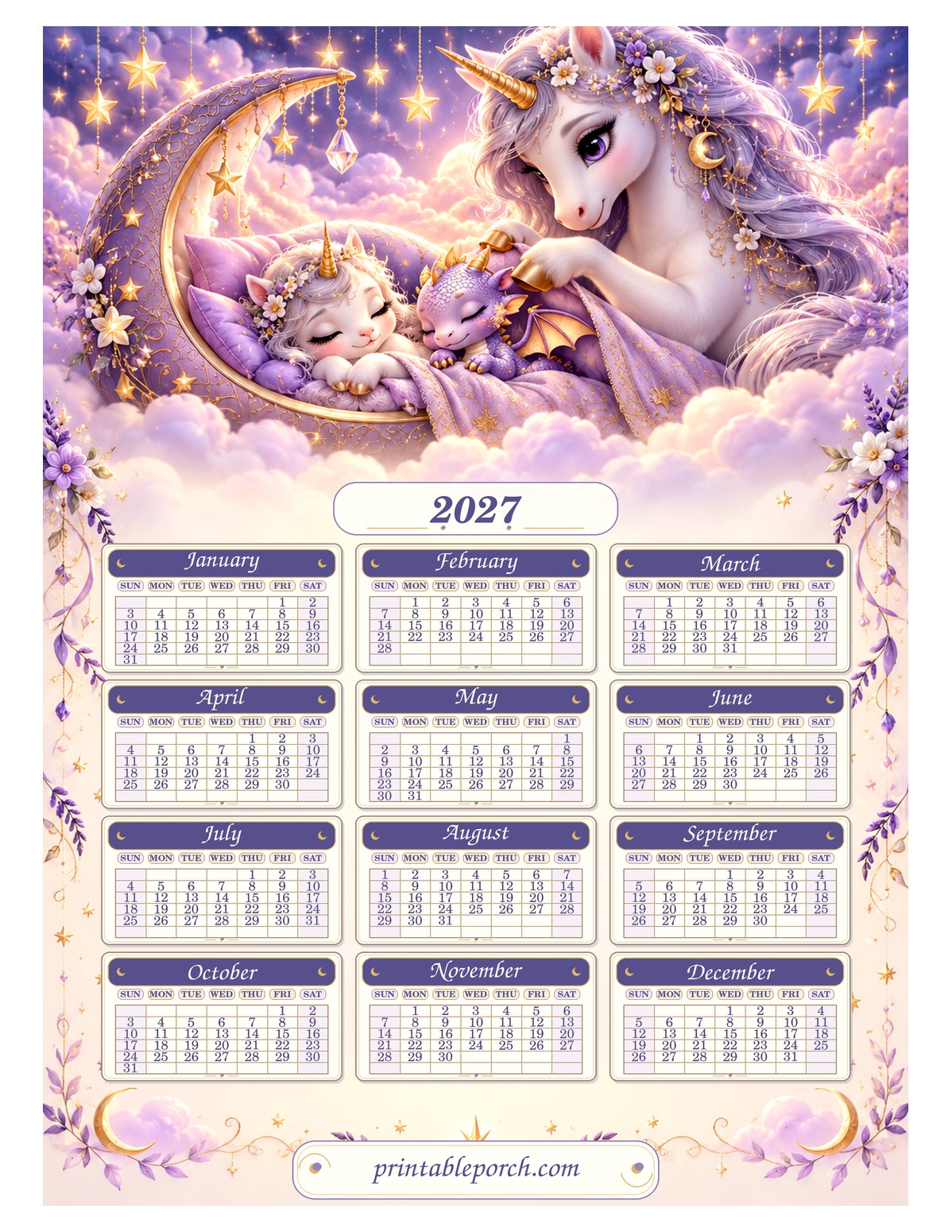 Unicorn 2027 Yearly Calendar - Moon Nursery