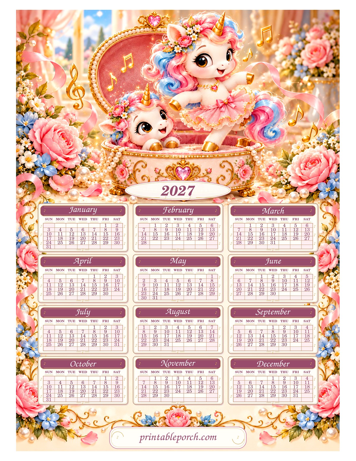 Unicorn 2027 Yearly Calendar - Music Box Ballerina