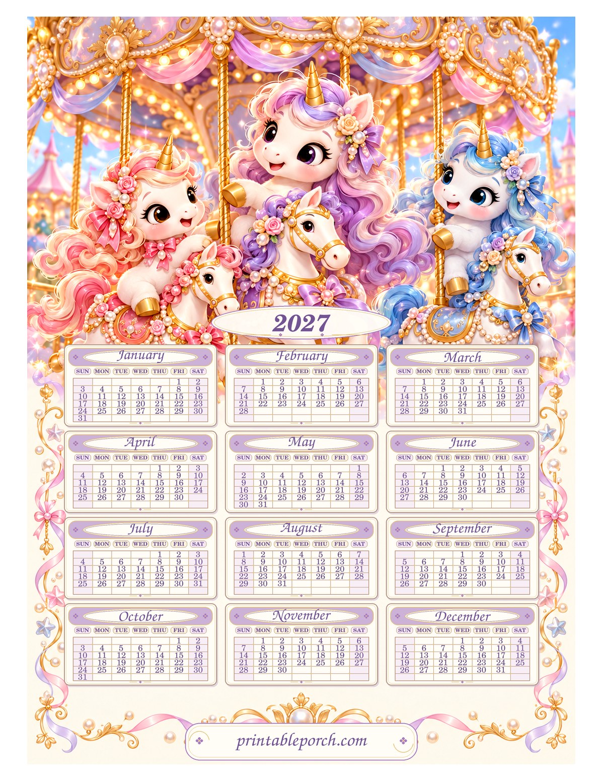 Unicorn 2027 Yearly Calendar - Pearl Carousel