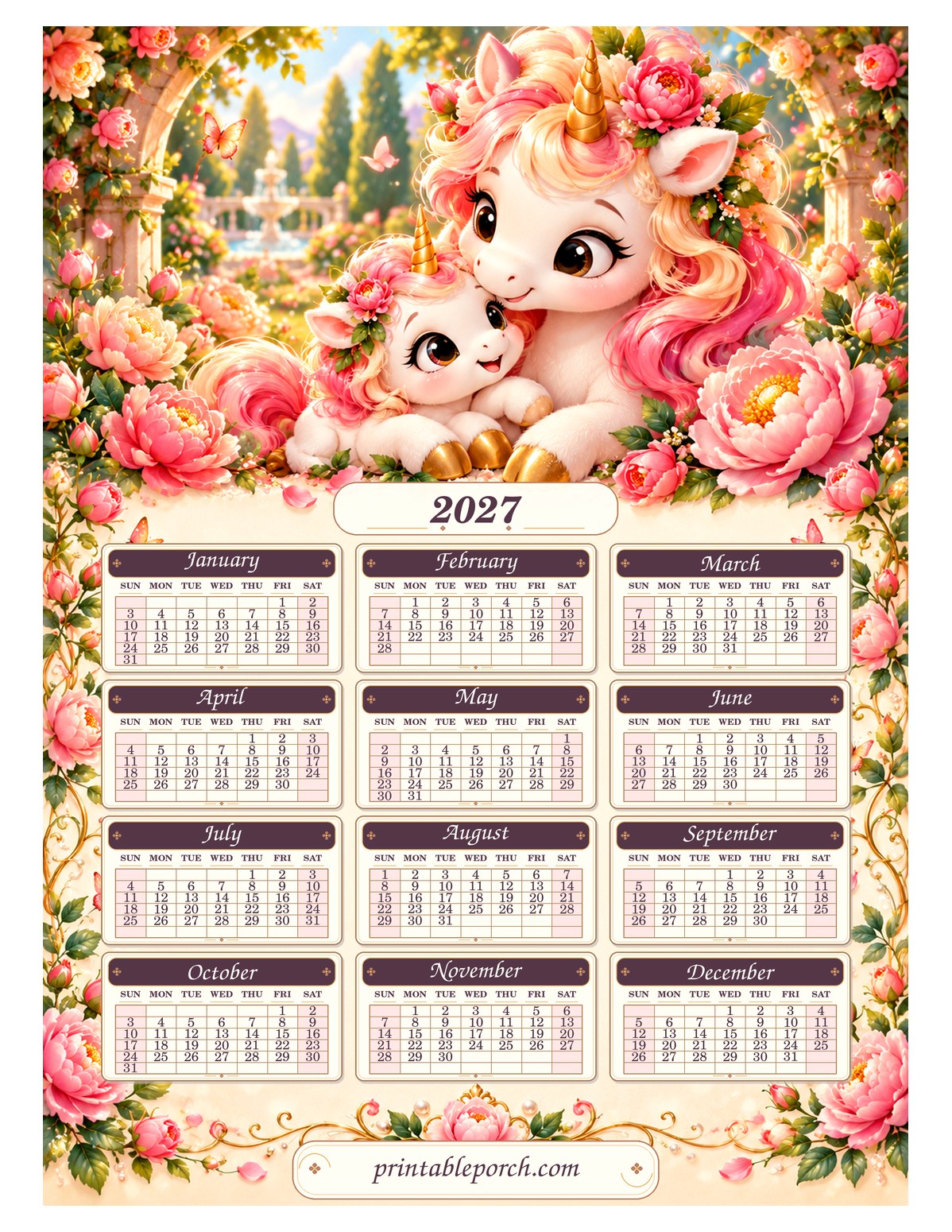 Unicorn 2027 Yearly Calendar - Peony Garden
