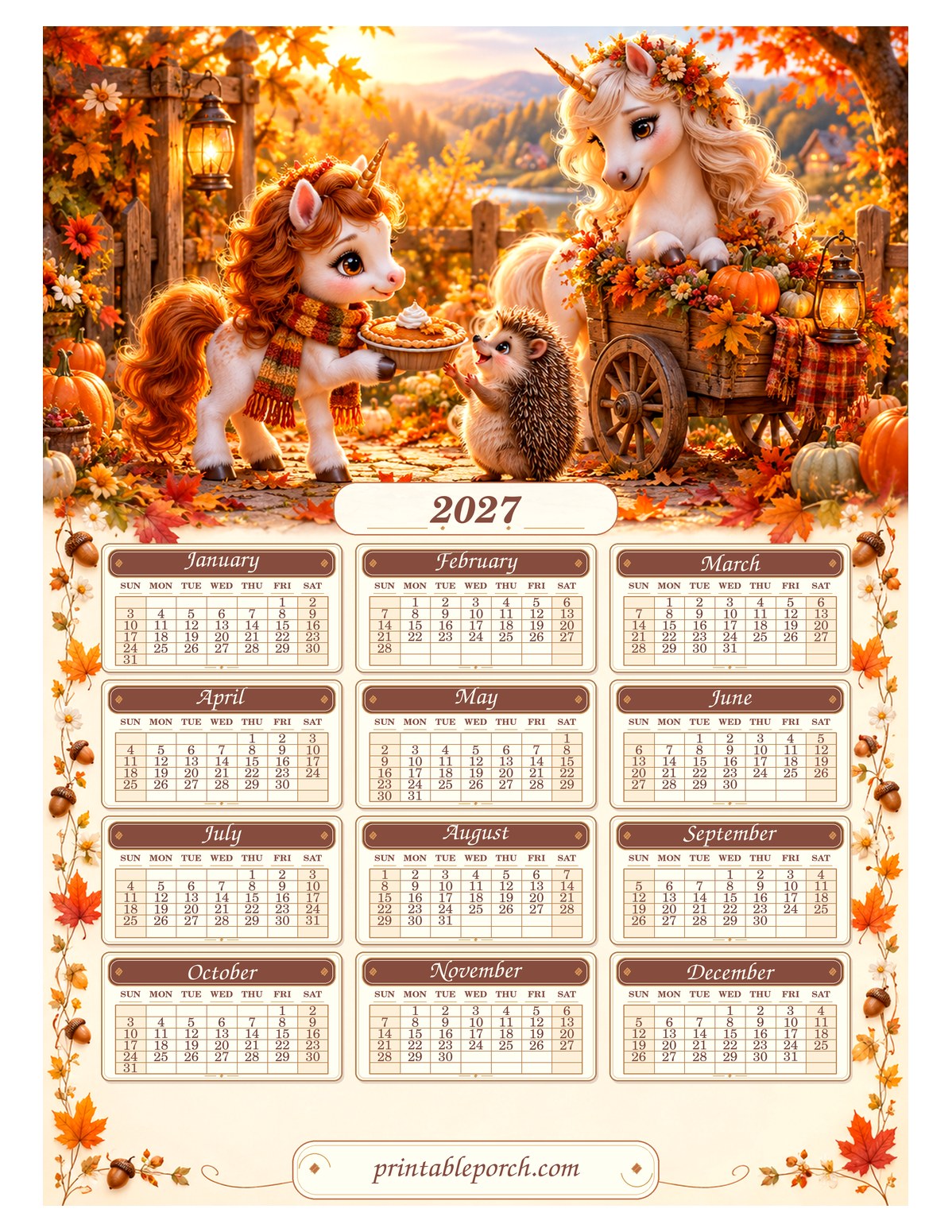 Unicorn 2027 Yearly Calendar - Pumpkin Harvest