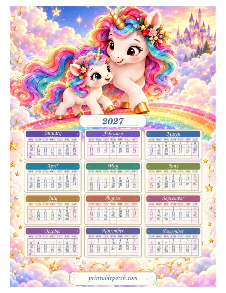 Unicorn 2027 Yearly Calendar - Rainbow Clouds