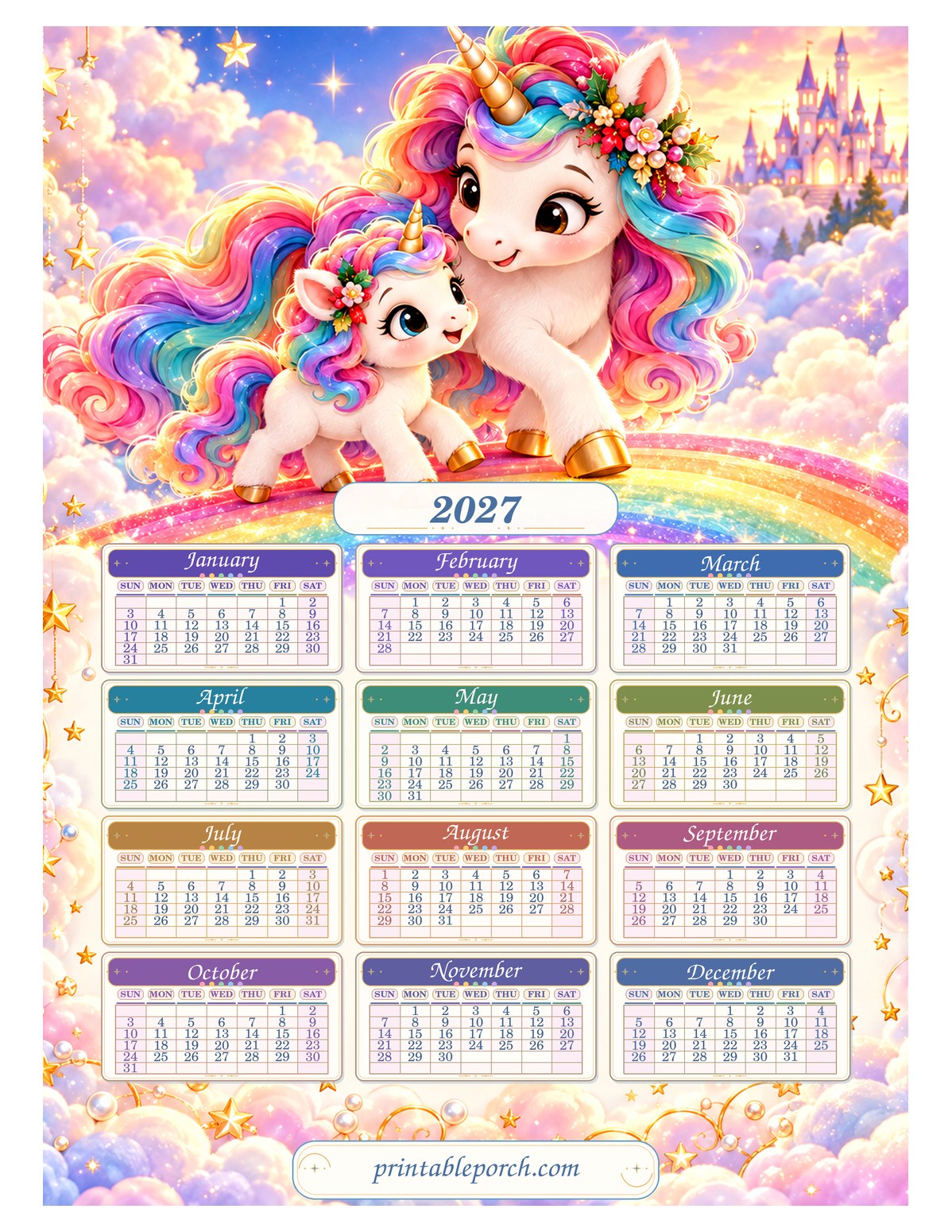 Unicorn 2027 Yearly Calendar - Rainbow Clouds