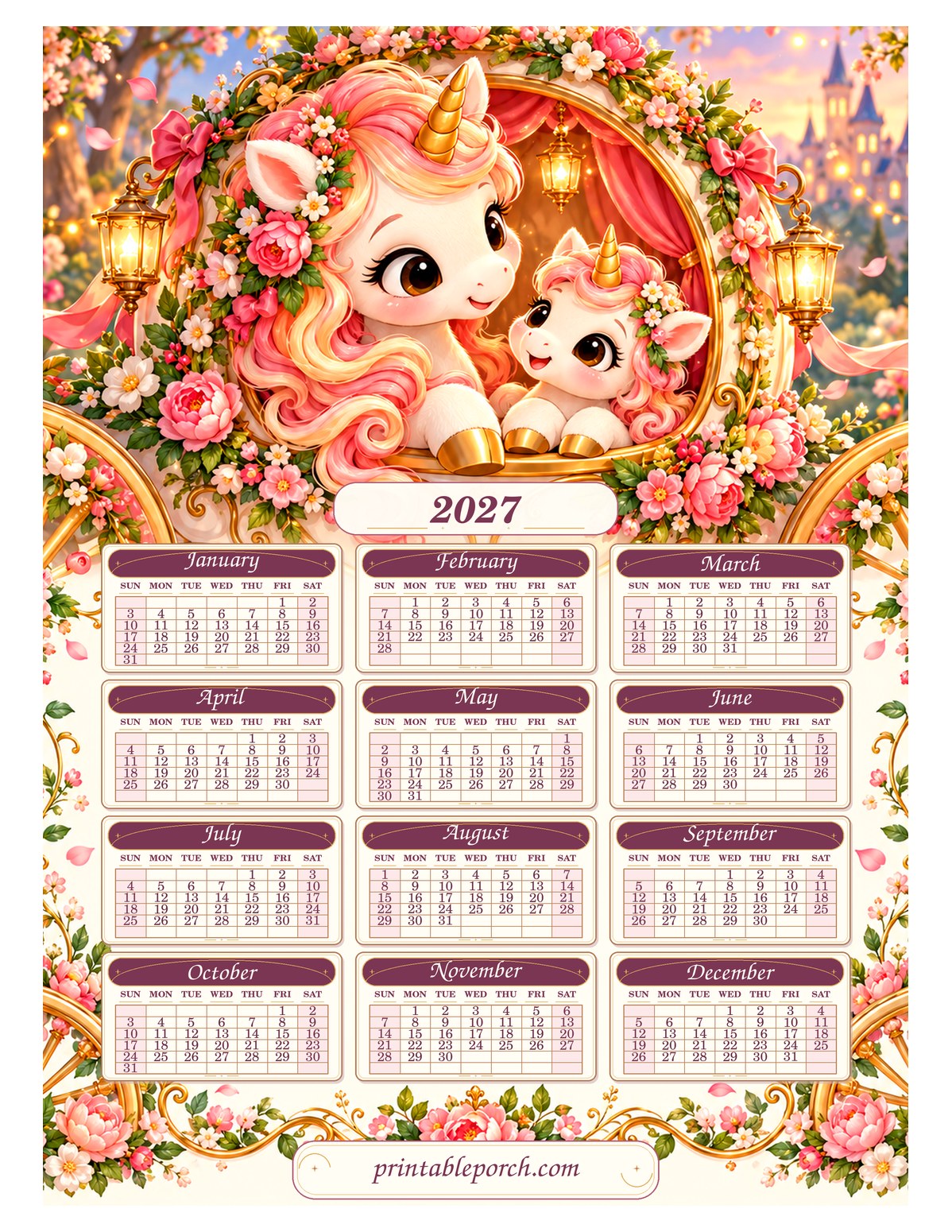 Unicorn 2027 Yearly Calendar - Rose Carriage